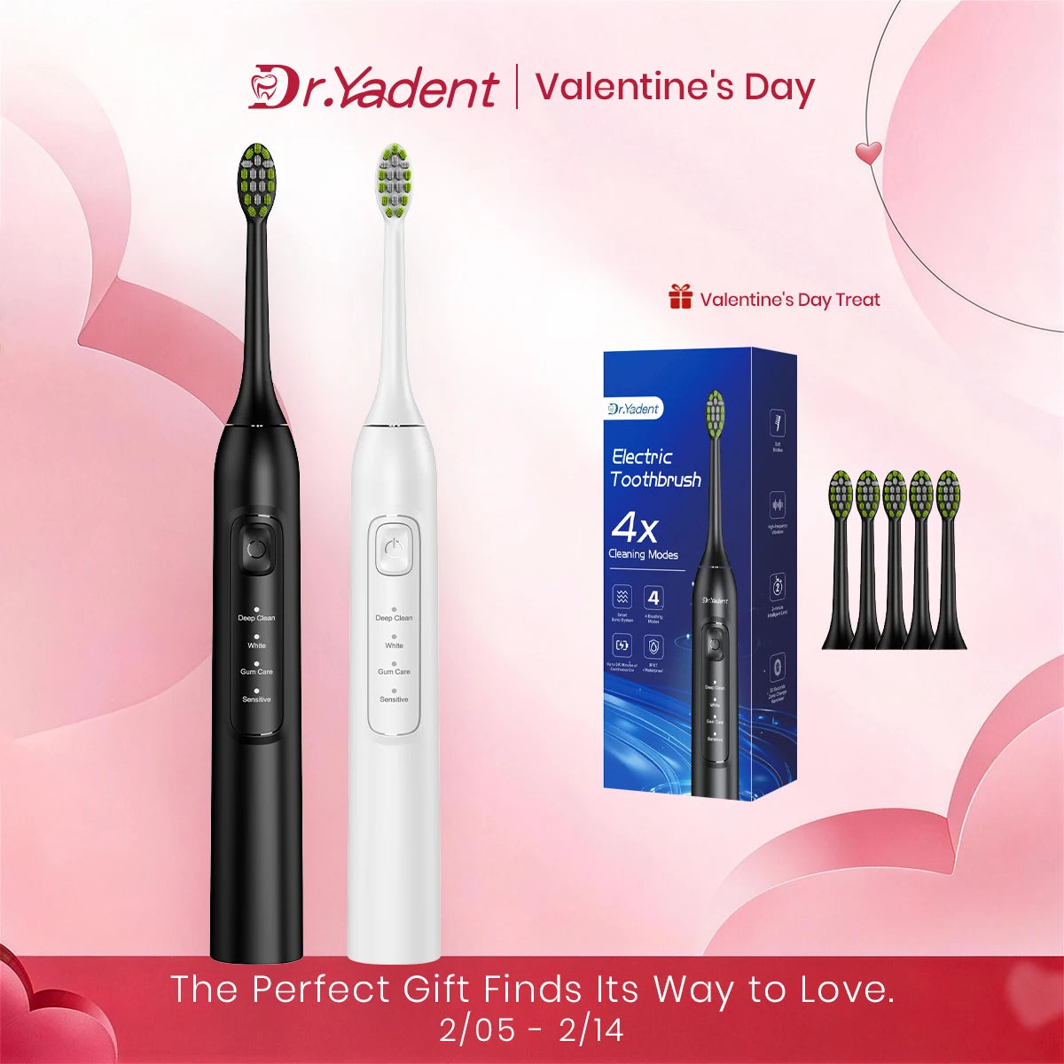 DrYadent YD05 Sonic Toothbrush – 6 Brush Heads, 4 Modes, 30-Day Battery