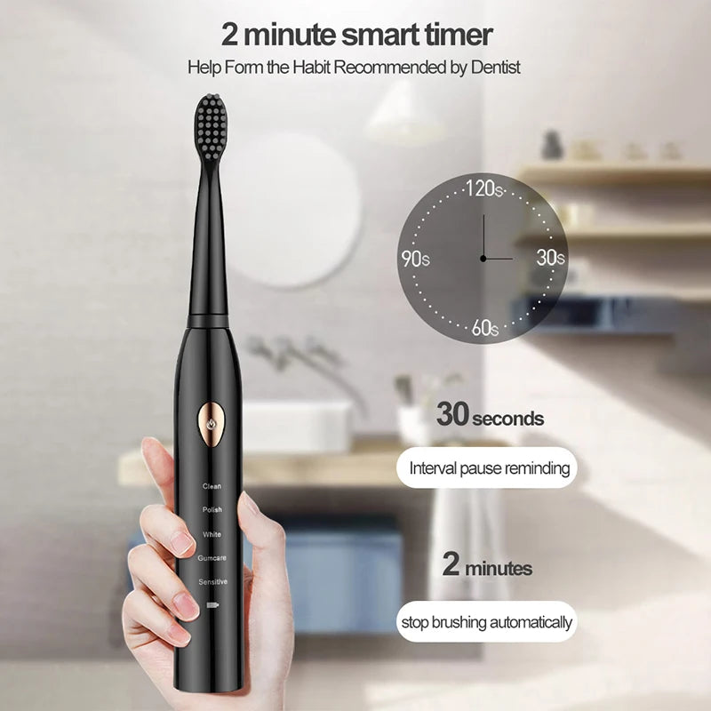 Rechargeable R.E.D. electric toothbrush with 5 cleaning modes, waterproof design, and 30-day battery life, ideal for oral care.