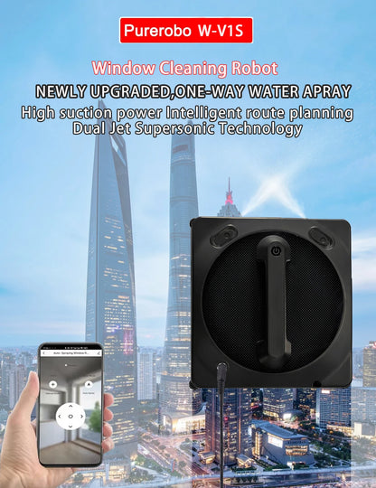 Purerobo W-V1S Robot Window Cleaner – APP Control, Auto Water Spray