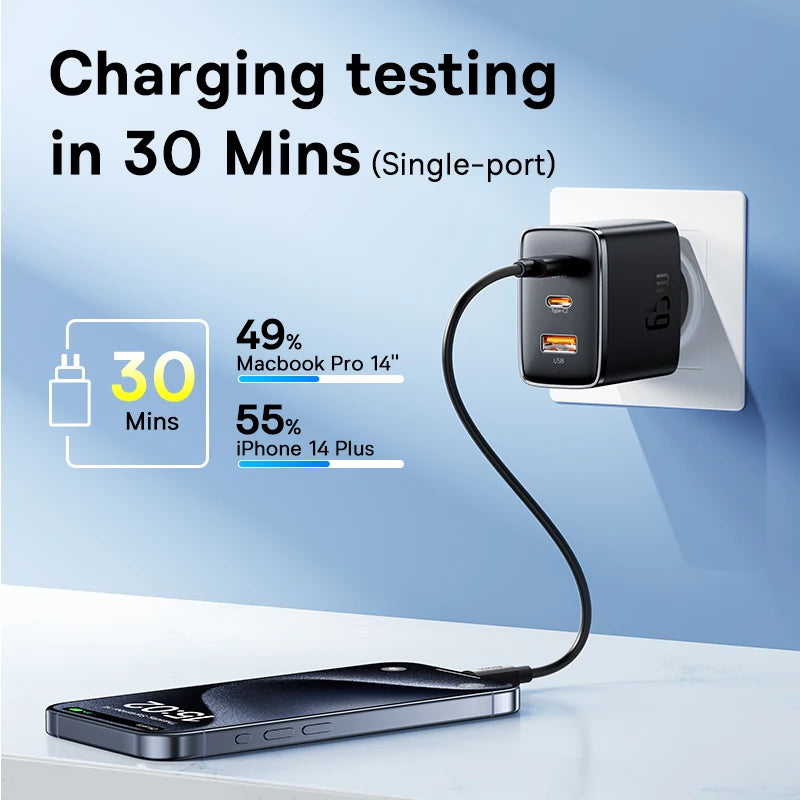 Baseus 65W GaN USB-C Charger | QC + PD Fast Charging for iPhone 17/16/15, Xiaomi & Laptops