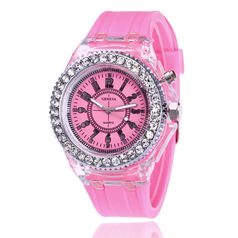 LED Flash Luminous Watch by R.E.D. Shopping featuring rhinestones and silicone strap, suitable for kids and adults.