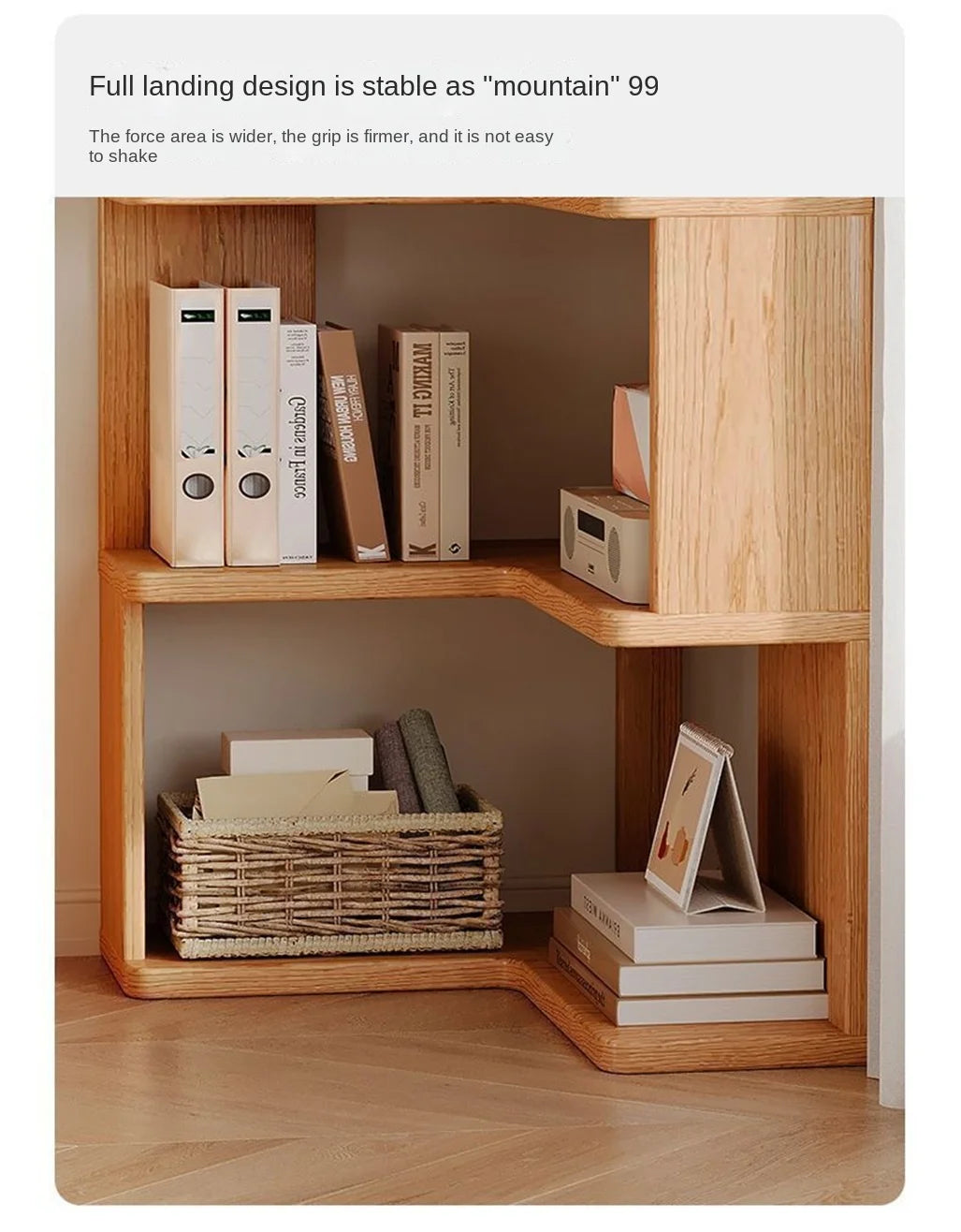 Solid wood corner bookshelf rack by R.E.D. Shopping with multiple shelves, ideal for home living room storage and decorative display.