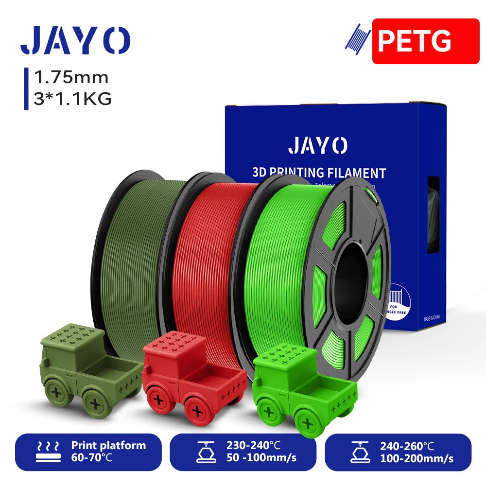 JAYO PETG/High Speed Matte PETG 3D Printing Filament 1.75MM Mix-Colors & No bubbles &Non-toxic For 3D Printer & Pen 3Rolls