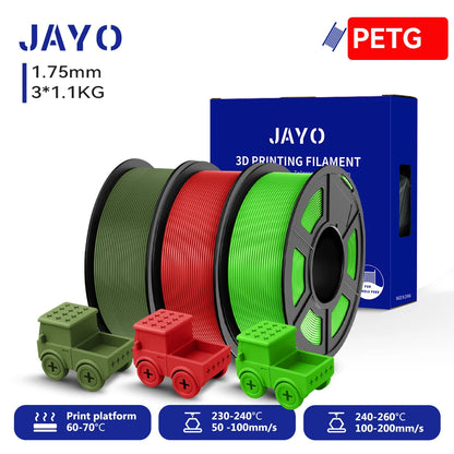 JAYO PETG/High Speed Matte PETG 3D Printing Filament 1.75MM Mix-Colors & No bubbles &Non-toxic For 3D Printer & Pen 3Rolls