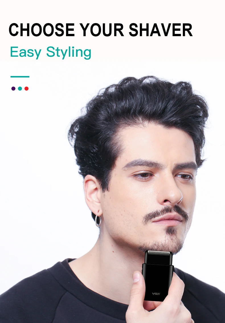 VGR electric shaver for men with USB charging, portable mini beard trimmer, professional grooming device from R.E.D. Shopping.