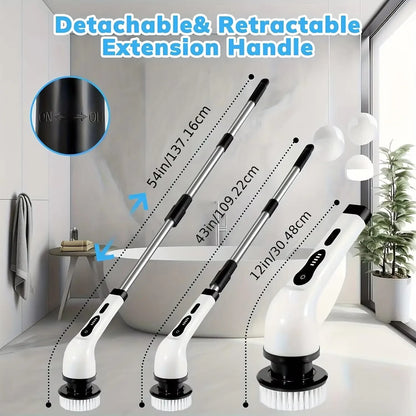 Cordless electric spin scrubber by R.E.D. Shopping with multiple cleaning attachments and LED light for home and garden cleaning tasks.