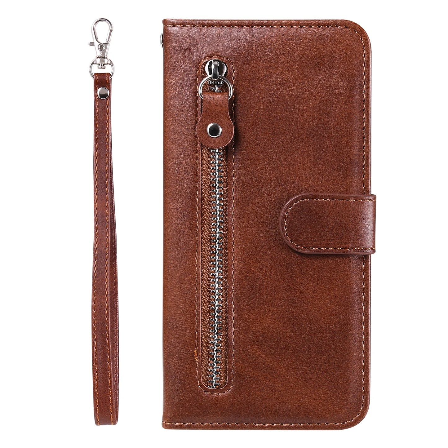 Leather iPhone 16 Plus zipper wallet case with card slots and magnetic stand, featuring a sleek design and secure closure.