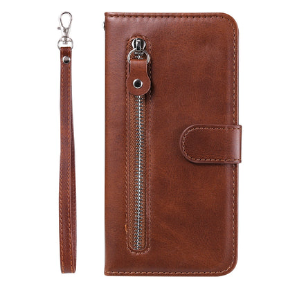 Leather iPhone 16 Plus zipper wallet case with card slots and magnetic stand, featuring a sleek design and secure closure.