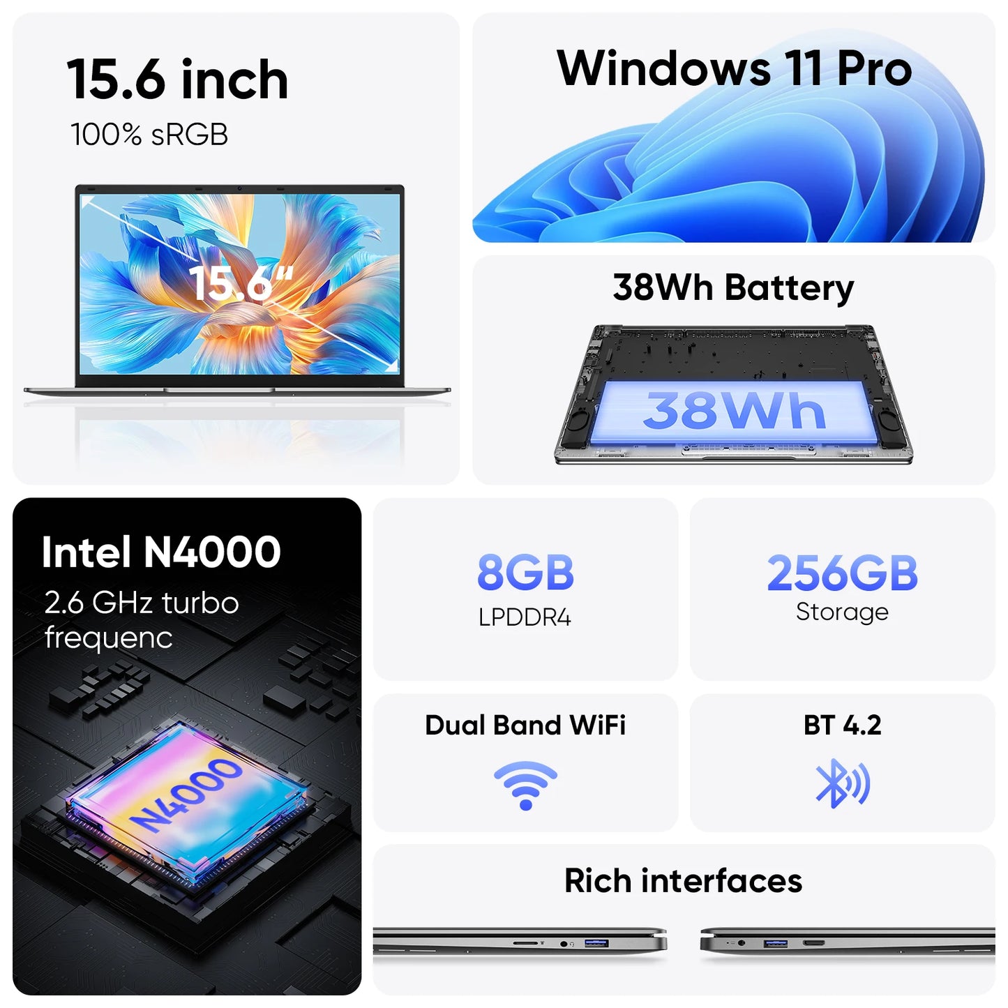 Z ZENAERO 15.6" Slim Laptop – Intel Celeron N4000, 8GB DDR3, 256GB SSD, FHD, Windows 11