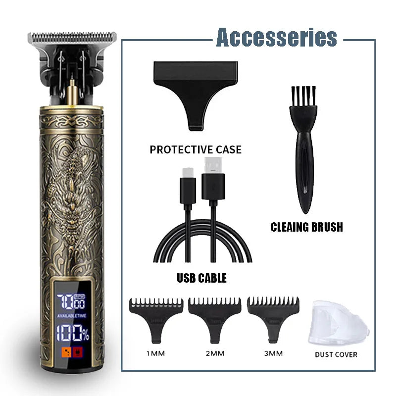 R.E.D. Shopping T9 professional hair clipper with USB fast charging, beard and body trimmer, black and silver design.