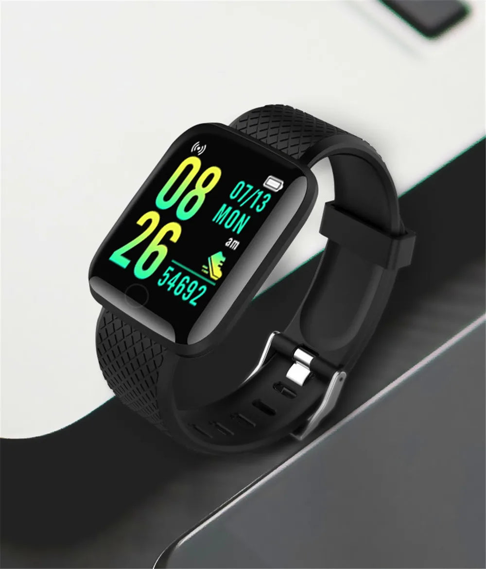 R.E.D. Shopping smartwatch with message notification and fitness tracking features, black wearable device for Android and iOS.