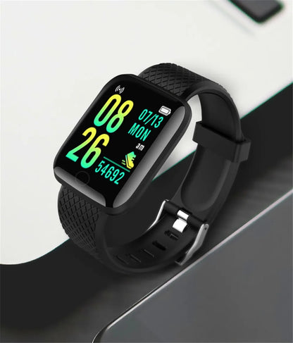 R.E.D. Shopping smartwatch with message notification and fitness tracking features, black wearable device for Android and iOS.