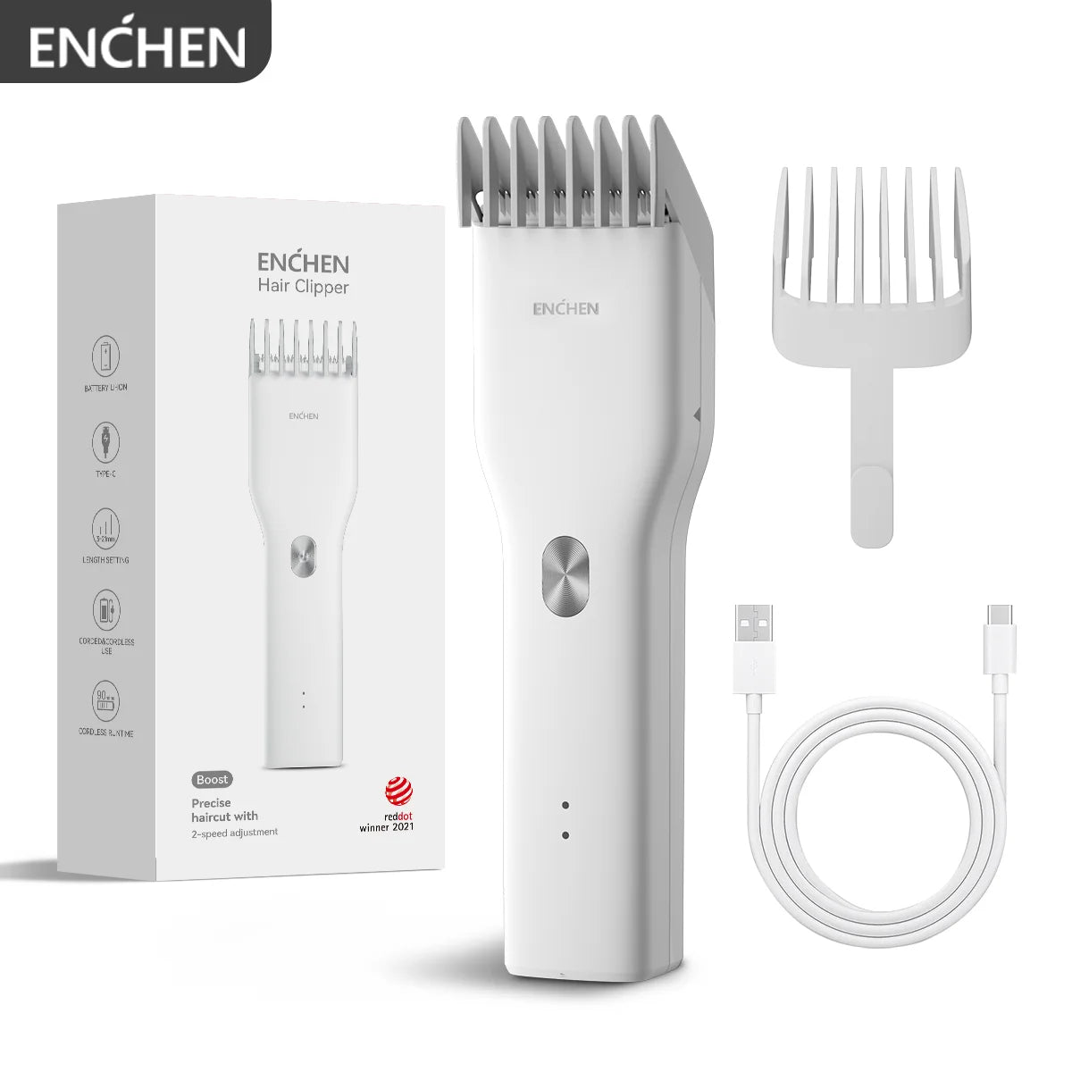 ENCHEN Boost-W Cordless Hair Clipper – USB Rechargeable, Adjustable Comb