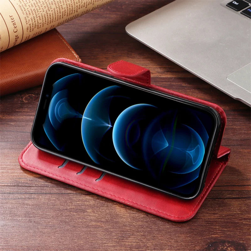 Leather iPhone 16 Plus zipper wallet case with card slots and magnetic stand, designed for R.E.D. Shopping mobile phone accessories.