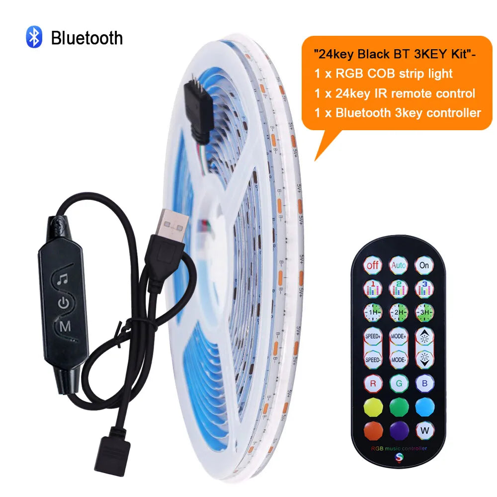 WiFi Bluetooth RGB COB LED Strip Light – 576 LEDs, 24/44 Key Remote, Flexible Tape Kit