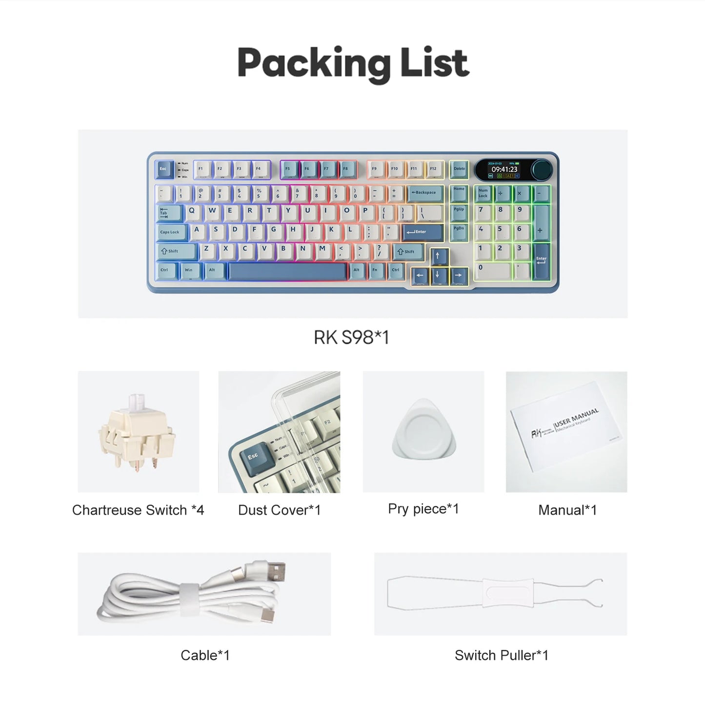RK Royal Kludge S98 Wireless Mechanical Keyboard – 98 Key, Hot-Swap, TFT Screen, BT5.0/2.4G/USB-C
