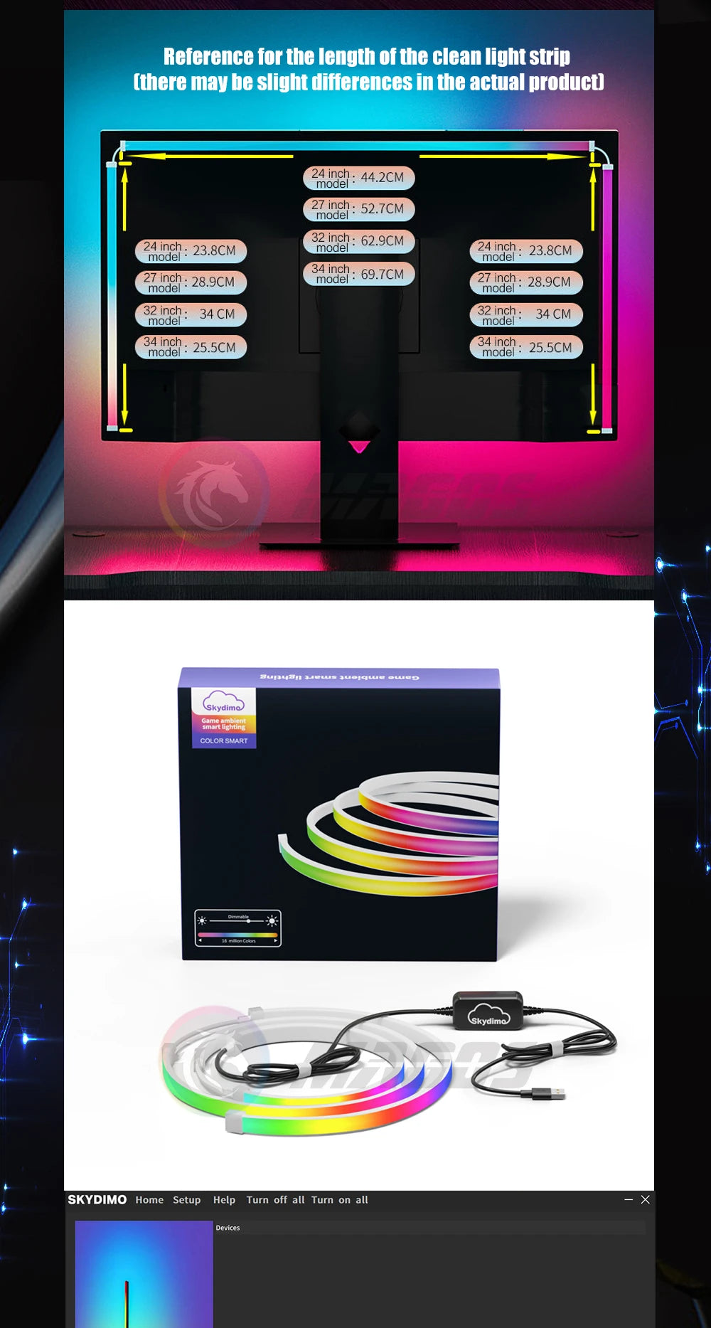 Skydimo Ambilight RGB LED Strip for PC Monitor – AURA USB 5V Software Control (24"/27"/32"/34")