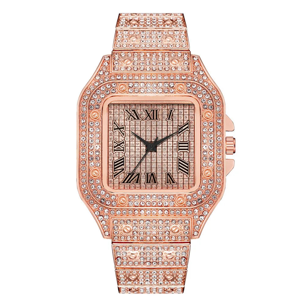 Men's R.E.D. Luxury Square Rhinestone Quartz Watch with steel strap, elegant business wristwatch for formal and professional wear.