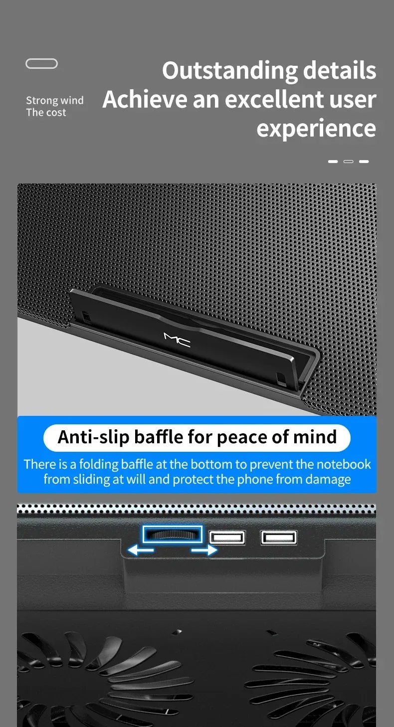 R.E.D. Shopping Q100 17-inch gaming laptop cooling pad with LED screen, dual USB ports, and 2600RPM fan for better airflow.