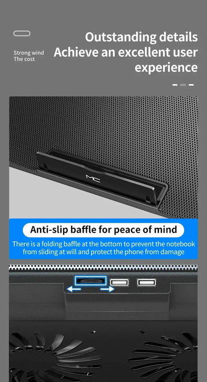 R.E.D. Shopping Q100 17-inch gaming laptop cooling pad with LED screen, dual USB ports, and 2600RPM fan for better airflow.
