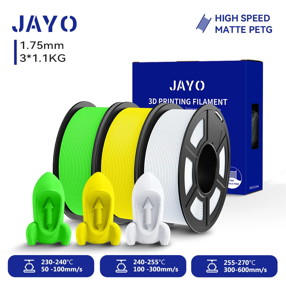 JAYO PETG/High Speed Matte PETG 3D Printing Filament 1.75MM Mix-Colors & No bubbles &Non-toxic For 3D Printer & Pen 3Rolls