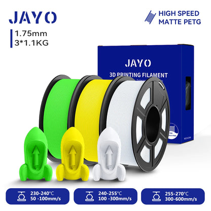 JAYO PETG/High Speed Matte PETG 3D Printing Filament 1.75MM Mix-Colors & No bubbles &Non-toxic For 3D Printer & Pen 3Rolls