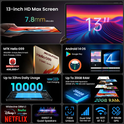 Teclast T65 Max – 13" FHD 4G LTE Tablet, MediaTek G99, 8GB+256GB, 10000mAh, Android 14, Widevine L1