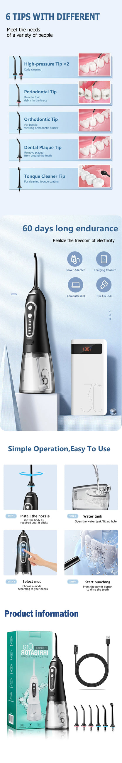Oral Irrigator USB Rechargeable Water Flosser 300ml – Portable Dental Water Jet for Teeth & Oral Care