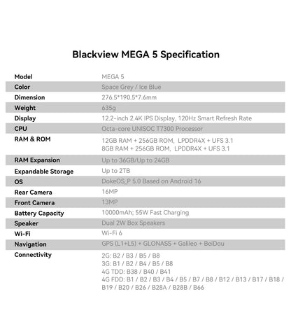 Blackview MEGA 5 Tablet | Android | 12GB+256GB | 4G WiFi | Official Standard