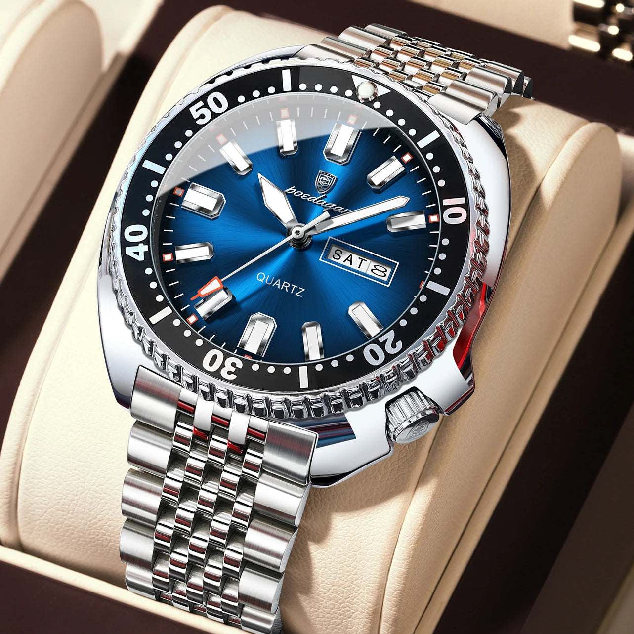 POEDAGAR Luxury Men's Quartz Watch – Date, Week, Luminous & Waterproof Stainless Steel