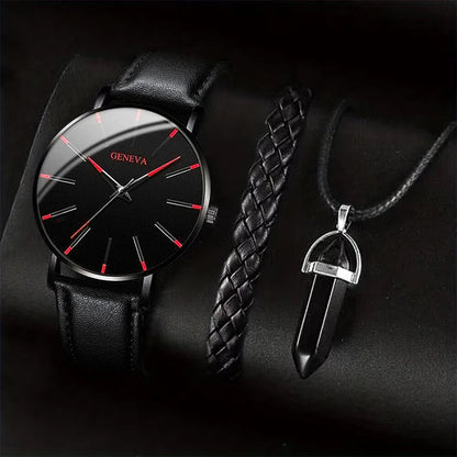 Men's business watch set by R.E.D. Shopping featuring a quartz watch with leather band, necklace, and bracelet on a display.
