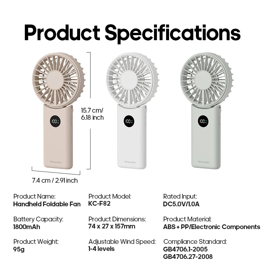 Portable Folding Handheld Fan | 1800mAh | 4-Speed | LED Display | Rechargeable | Outdoor Travel
