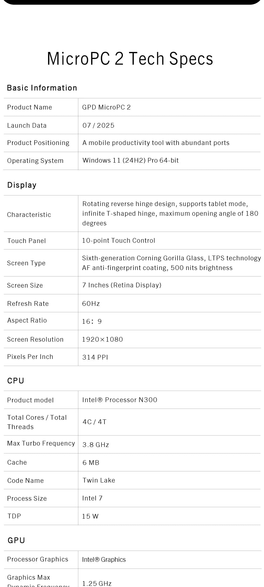GPD MicroPC 2 – 7" Mini Laptop, Intel i3-N300, 16GB DDR5, 512GB SSD, Touch Screen, Windows 11