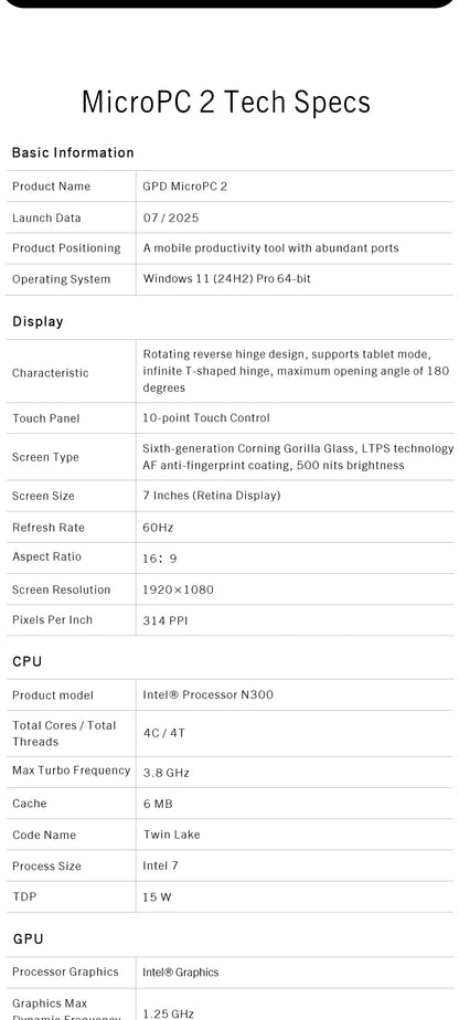 GPD MicroPC 2 – 7" Mini Laptop, Intel i3-N300, 16GB DDR5, 512GB SSD, Touch Screen, Windows 11