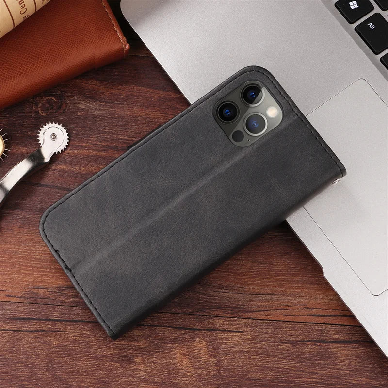 Leather iPhone 16 Plus zipper wallet case with card slots and magnetic stand, offering stylish protection for your mobile phone.