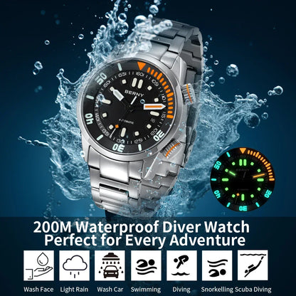 BERNY Automatic Dive Watch – Sapphire Crystal, 200M Water Resistant, NH35 Movement