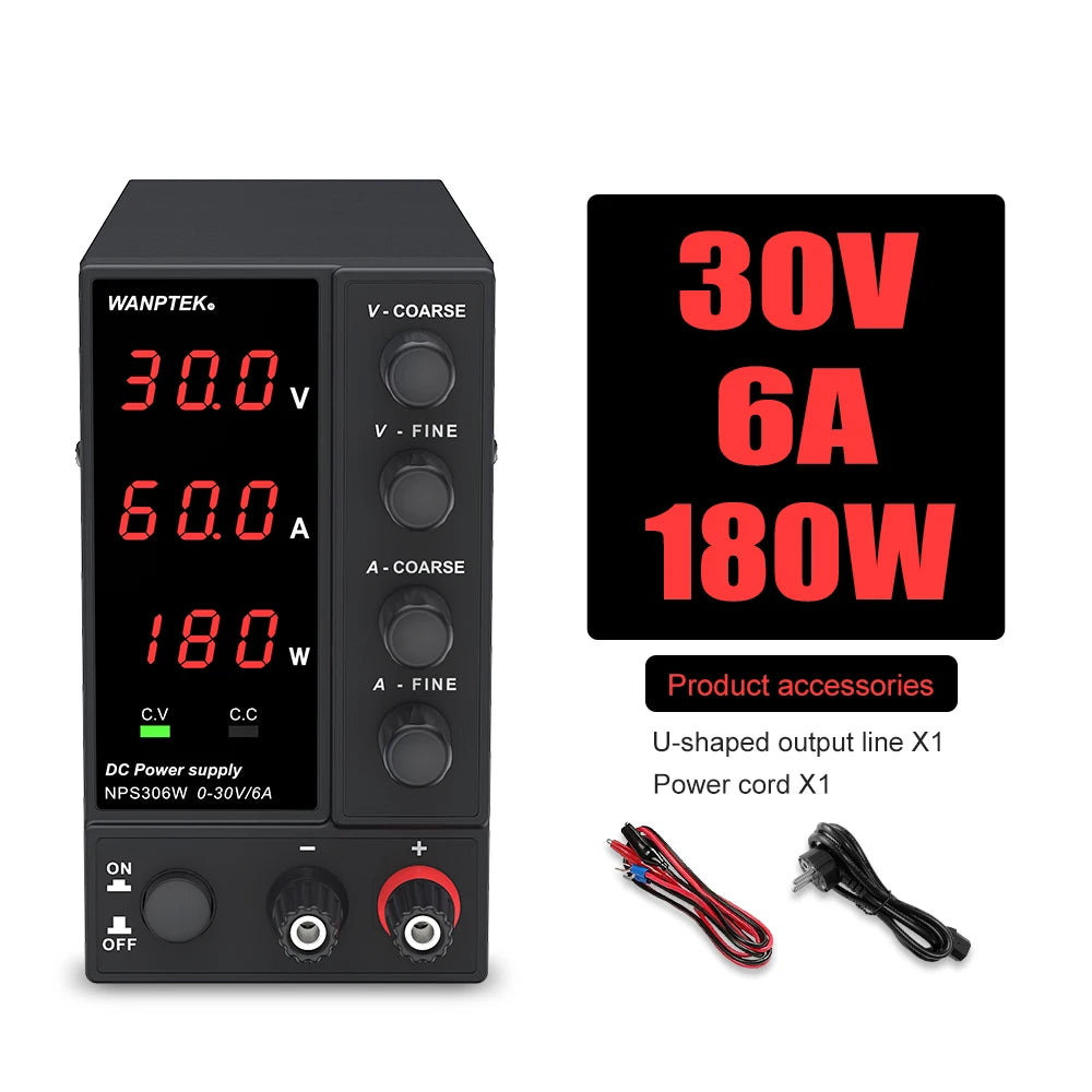 Wanptek Adjustable DC Lab Bench Power Supply – 30V/10A, 60V/5A, 120V/3A