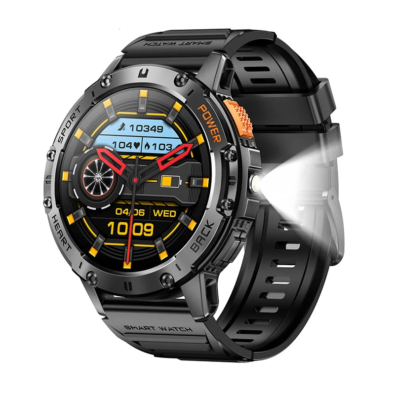 AMOLED Smart Watch for Men – Flashlight, Sports, Waterproof, Bluetooth Call + Box