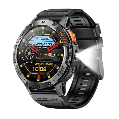 AMOLED Smart Watch for Men – Flashlight, Sports, Waterproof, Bluetooth Call + Box