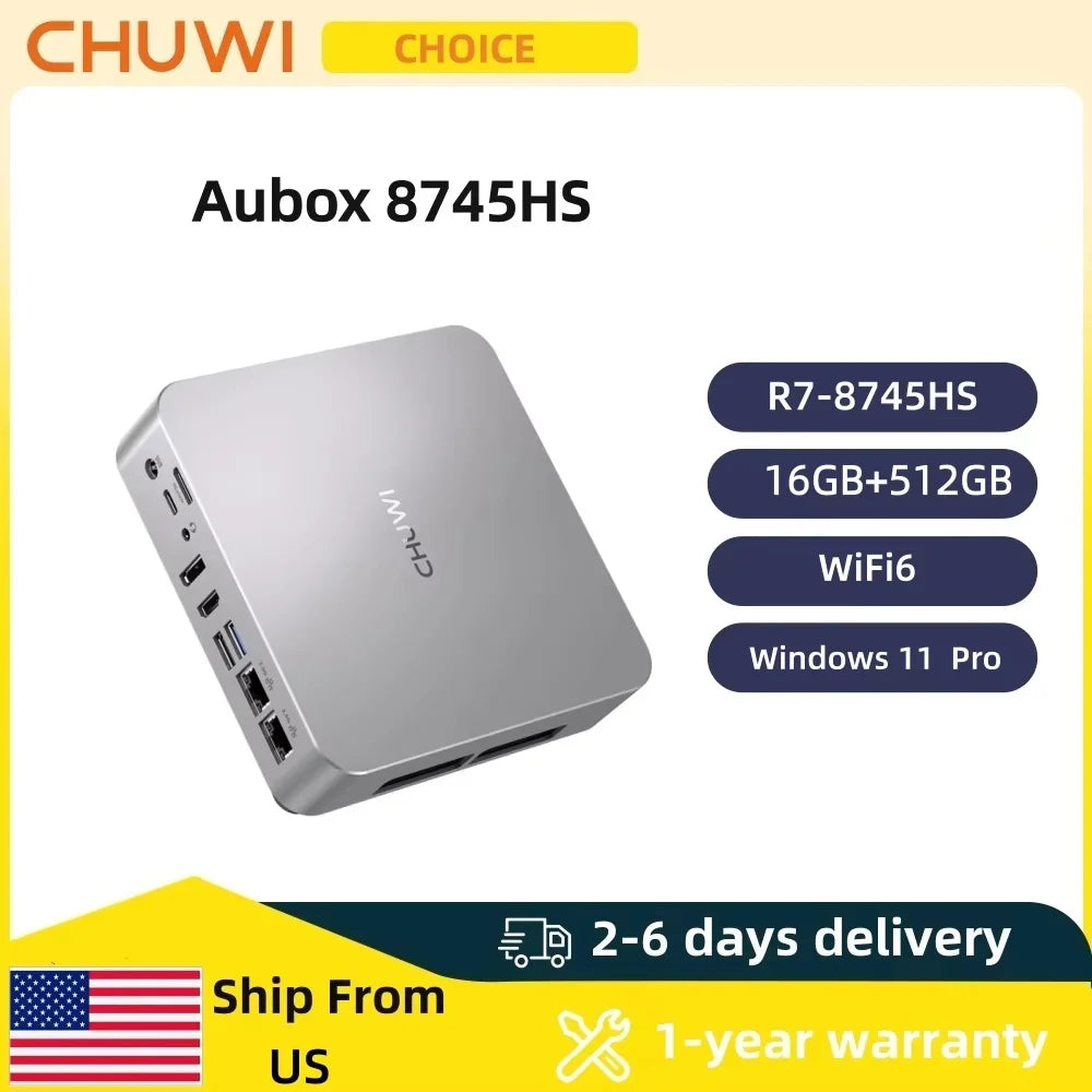 CHUWI AuBox Mini PC – AMD Ryzen 7 8745HS, 16GB DDR5, 512GB SSD, WiFi 6, Quad Display