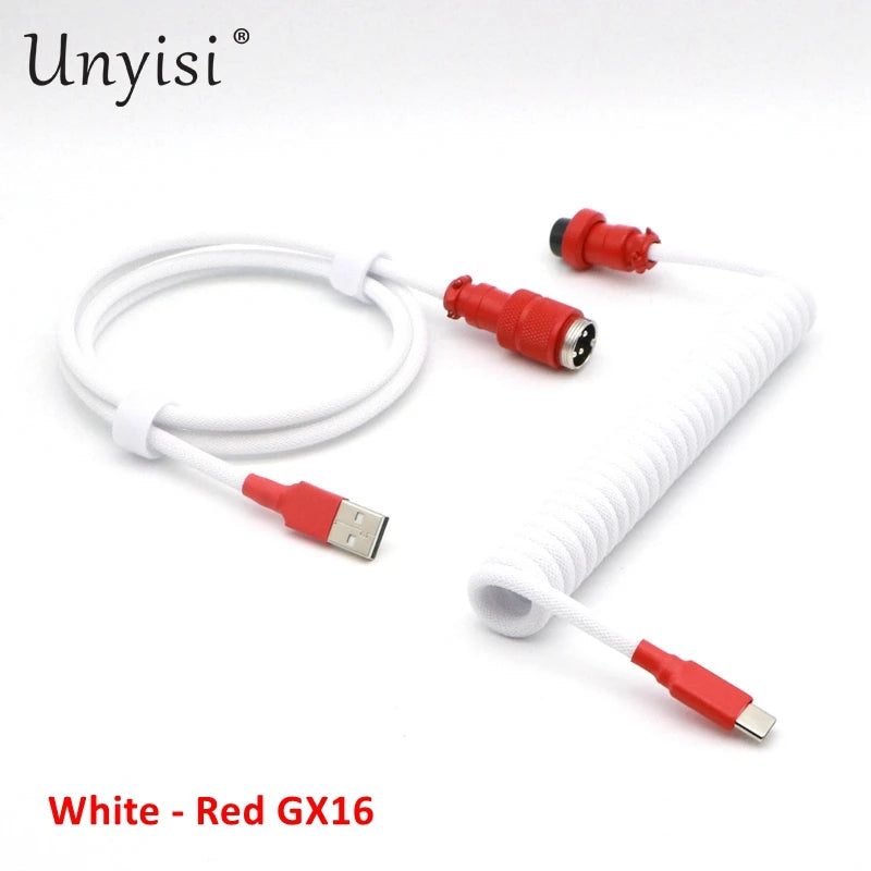 Handmade paracord and PET coiled USB-A to USB-C cable with GX16 aviator connector for mechanical keyboards, featuring colorful braided design.