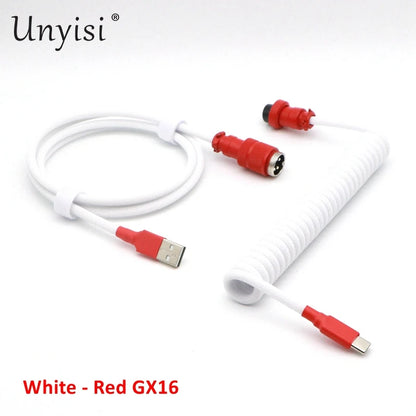 Handmade paracord and PET coiled USB-A to USB-C cable with GX16 aviator connector for mechanical keyboards, featuring colorful braided design.