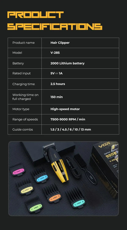 VGR Clipper Professional Hair Trimmer Electric Hair Cutting Machine 9000 RPM Hair Clipper Barber Cordless Clipper for Men V-285