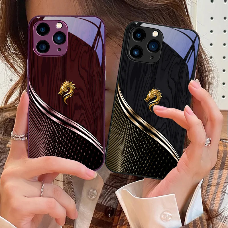 Wood grain dragon rose iPhone case with tempered glass, artistic protective cover for iPhone, featuring detailed design and durable material.