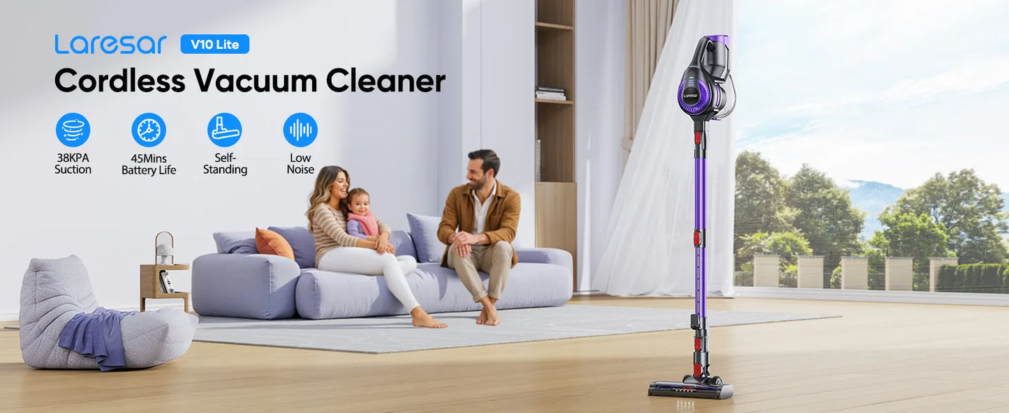 Laresar V10 Lite Cordless Vacuum Cleaner 38000Pa – 45 Min Runtime, EU Plug, for Carpets & Pet Hair