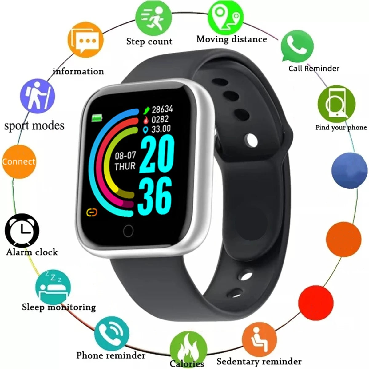 R.E.D. Shopping smartwatch with message notifications and fitness tracking display on a sleek wearable device for Android and iOS.