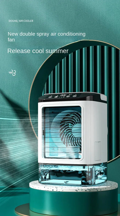 Portable Desktop Air Cooler Fan — Dual Spray, Ultrasonic Atomization, 3-Speed, Night Light