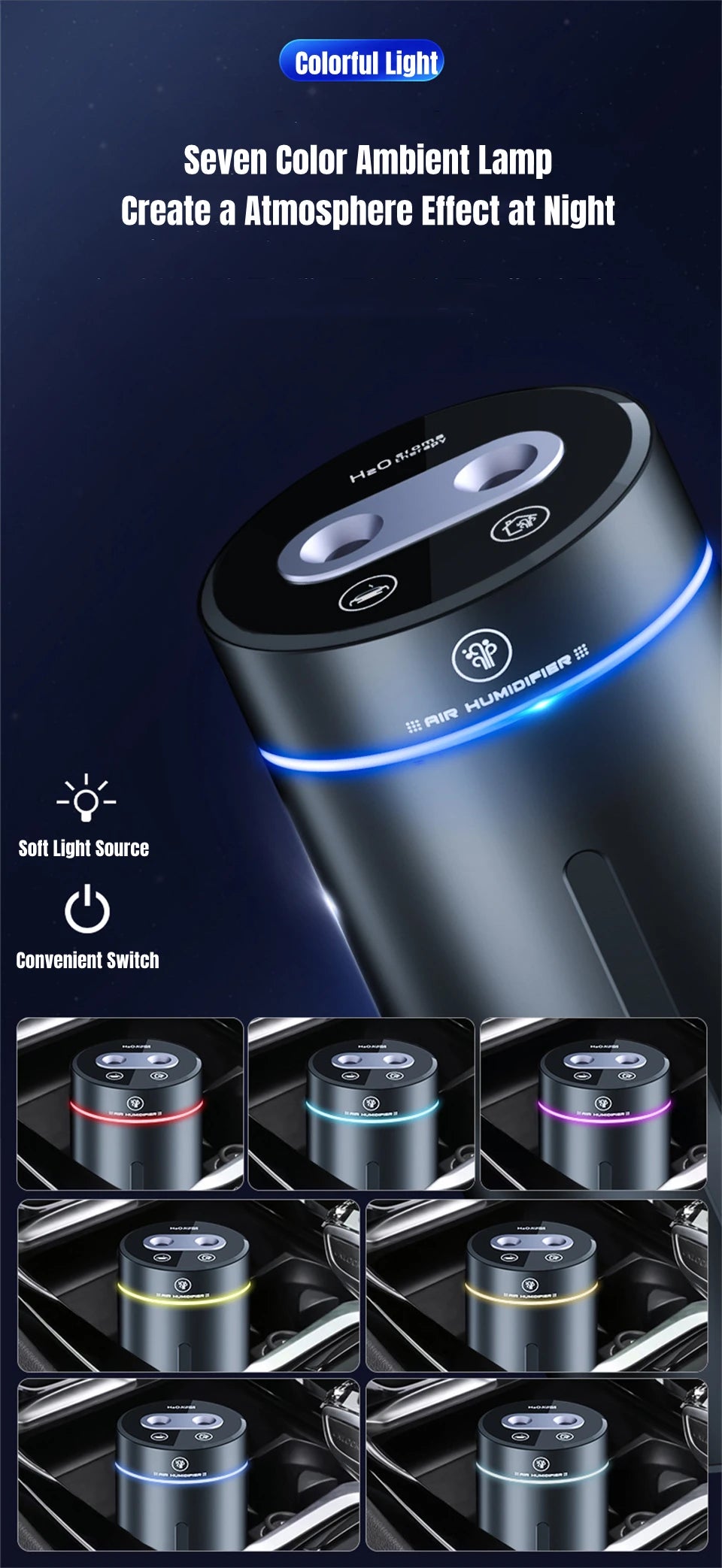 R.E.D. Shopping Zai Xiao 380ML USB rechargeable double spray vehicle air humidifier with mood light and essential oil diffuser.