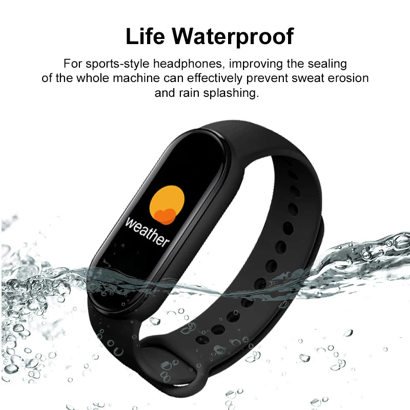 R.E.D. Shopping M6 Smart Fitness Bracelet with heart rate monitor, sleep tracking, and waterproof design, shown on a wrist.