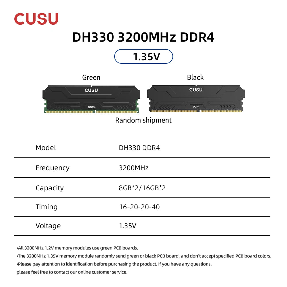 CUSU DDR4 Desktop RAM – 8GB / 16GB, 3200/3600MHz, XMP 2.0, Heatsink